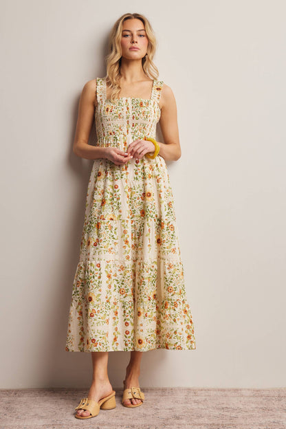 Forte - Floral Smocked Tiered Midi Dress Ecru, Contemporary