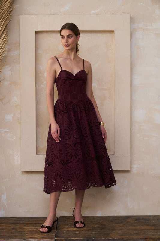 Moon River - SCALLOP LACE SKIRT STRAPLESS  MIDI DRESS: WINE
