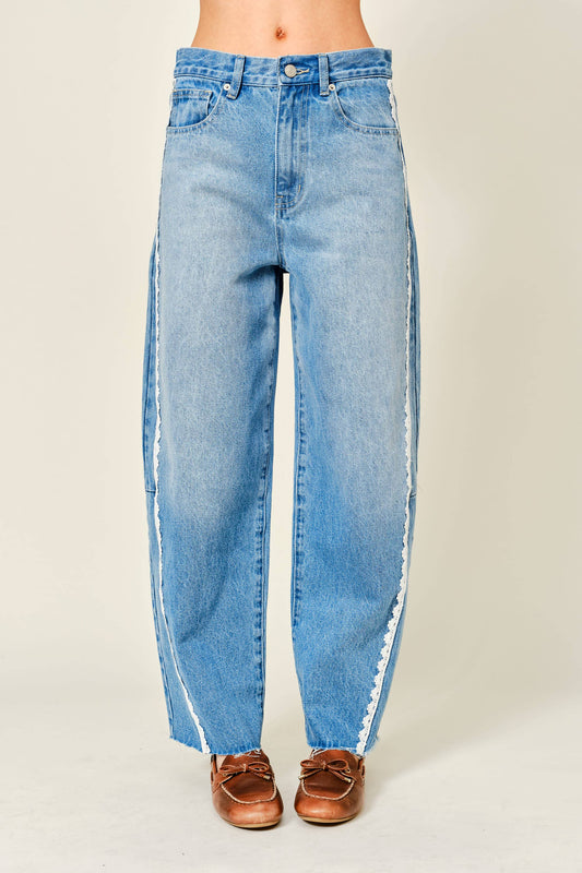 Aaron & Amber - LACE SIDE LINE DETAIL BARREL DENIM PANTS