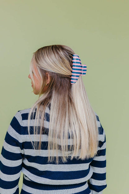KAXI - POLKA DOT & STRIPED OVERSIZED CLAWS: BROWN AND BLUE STRIPED