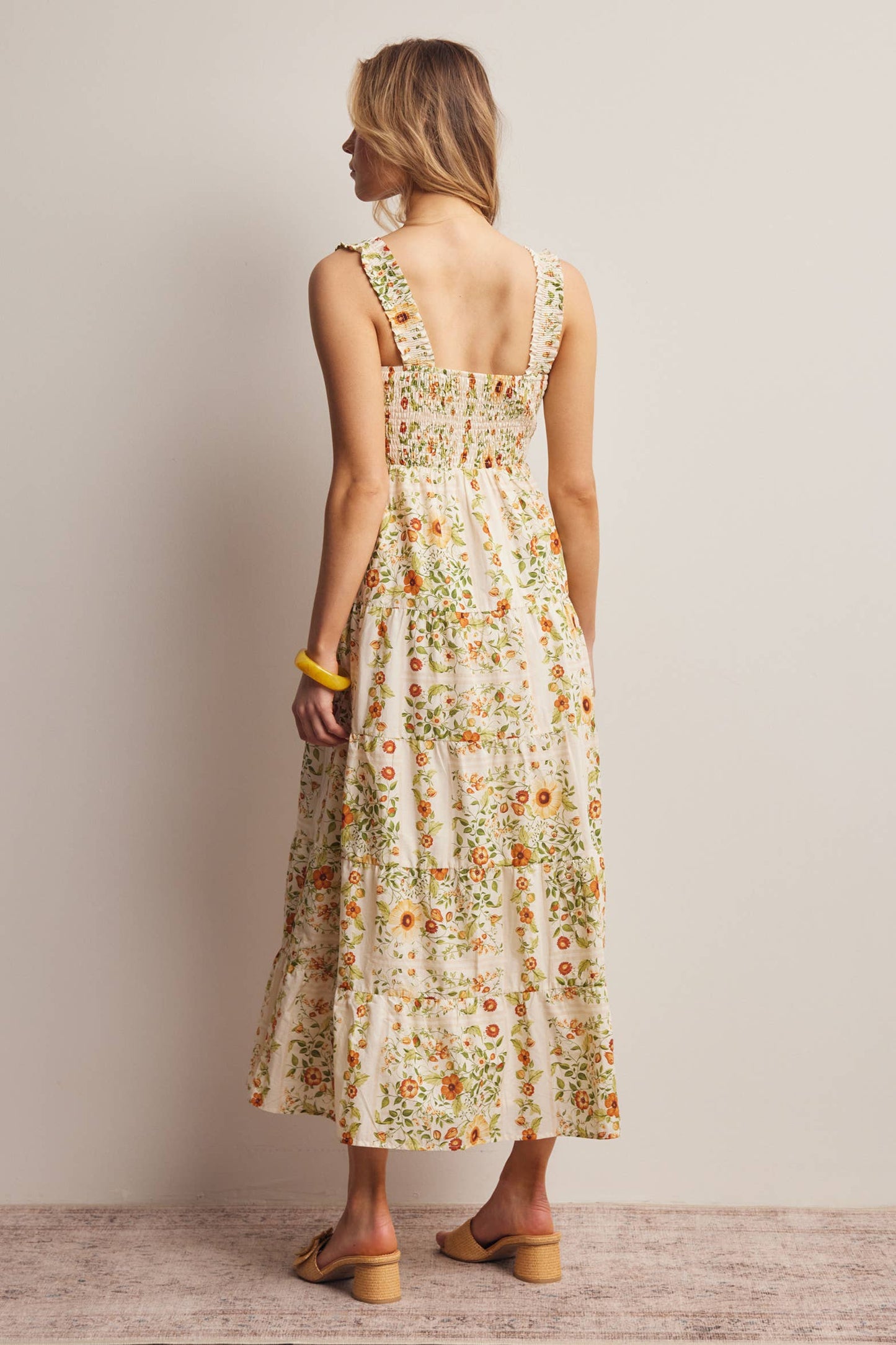 Forte - Floral Smocked Tiered Midi Dress Ecru, Contemporary