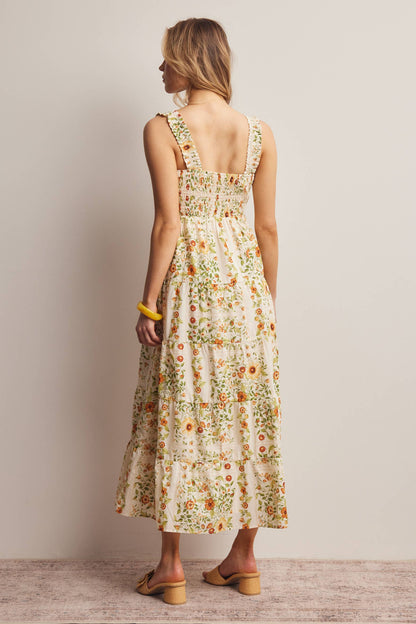 Forte - Floral Smocked Tiered Midi Dress Ecru, Contemporary