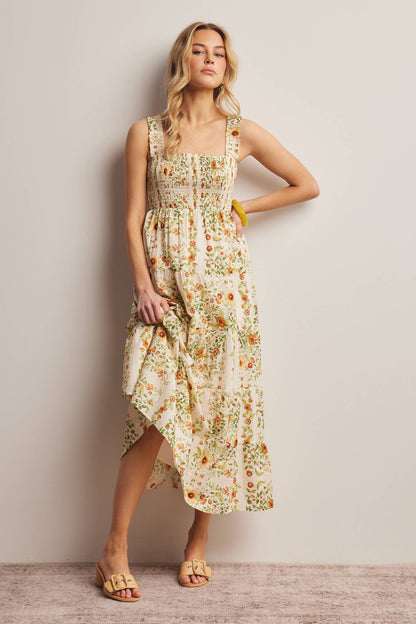 Forte - Floral Smocked Tiered Midi Dress Ecru, Contemporary
