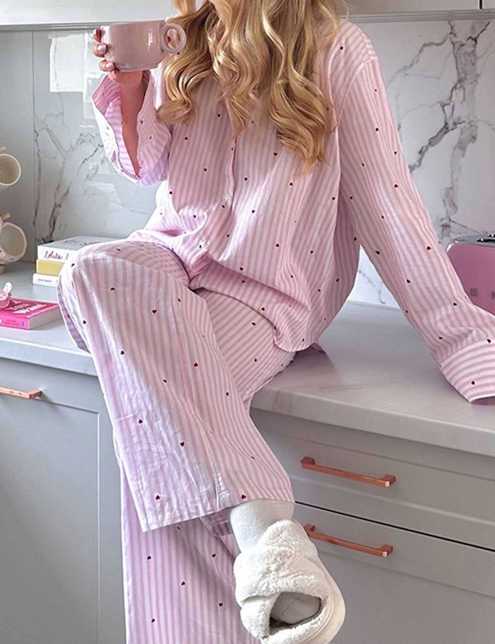 Pink Striped With Hearts Button Down Pajamas Set