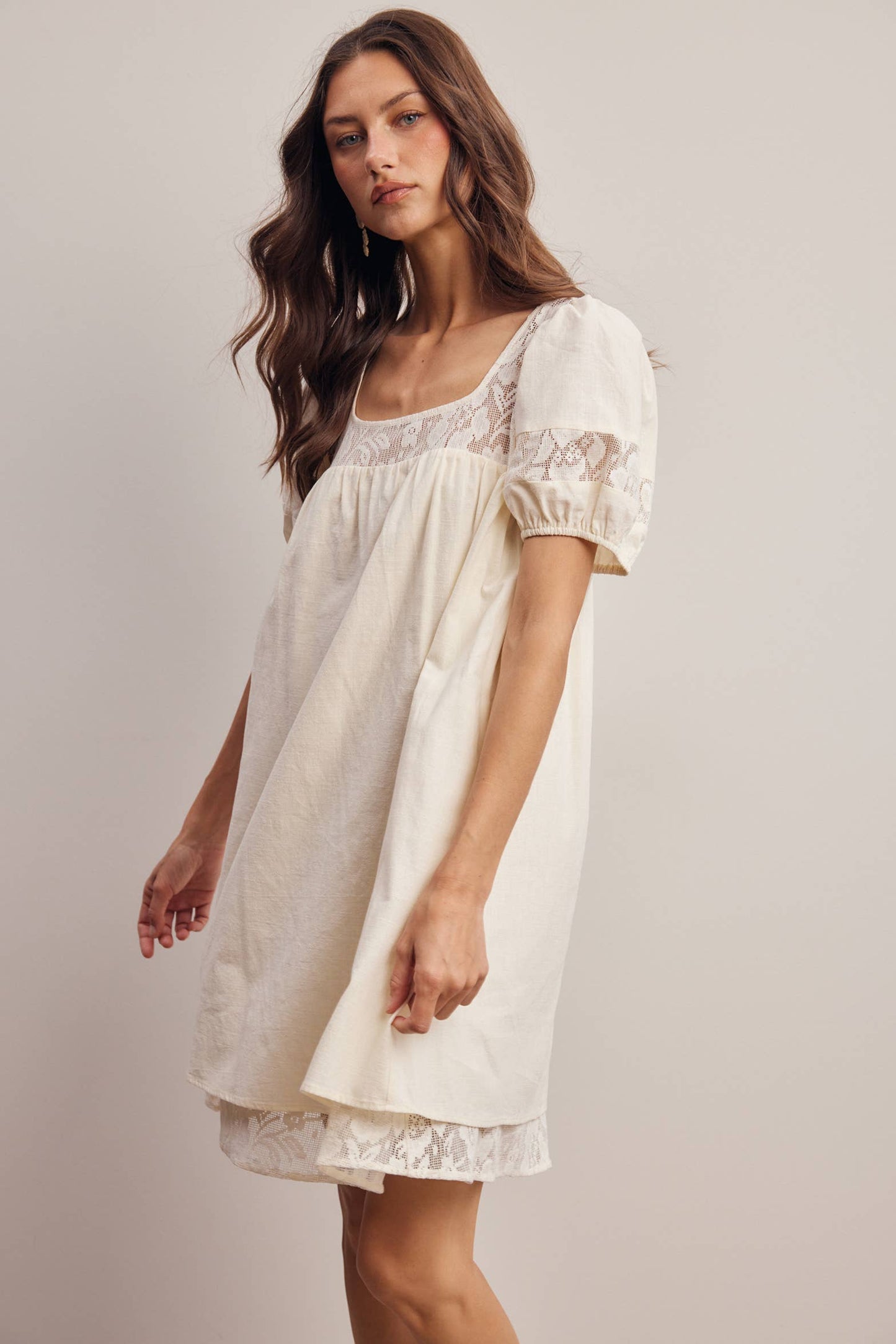 Forte - Lace Yoke Puff Sleeve Mini Dress Ivory
