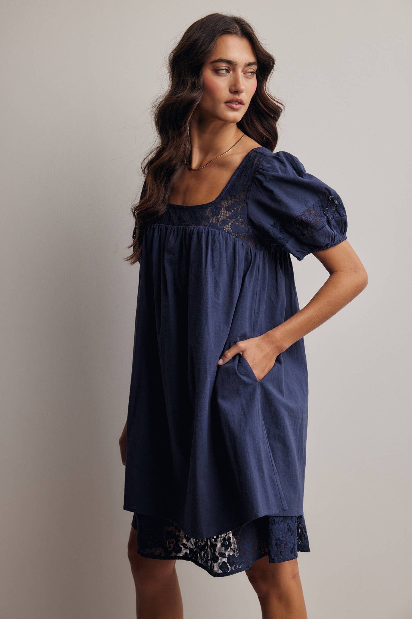 Forte - Lace Yoke Puff Sleeve Mini Dress Ivory