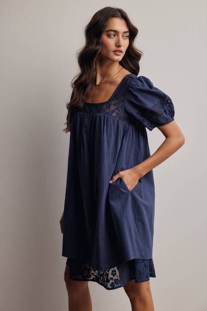 Forte - Lace Yoke Puff Sleeve Mini Dress Ivory