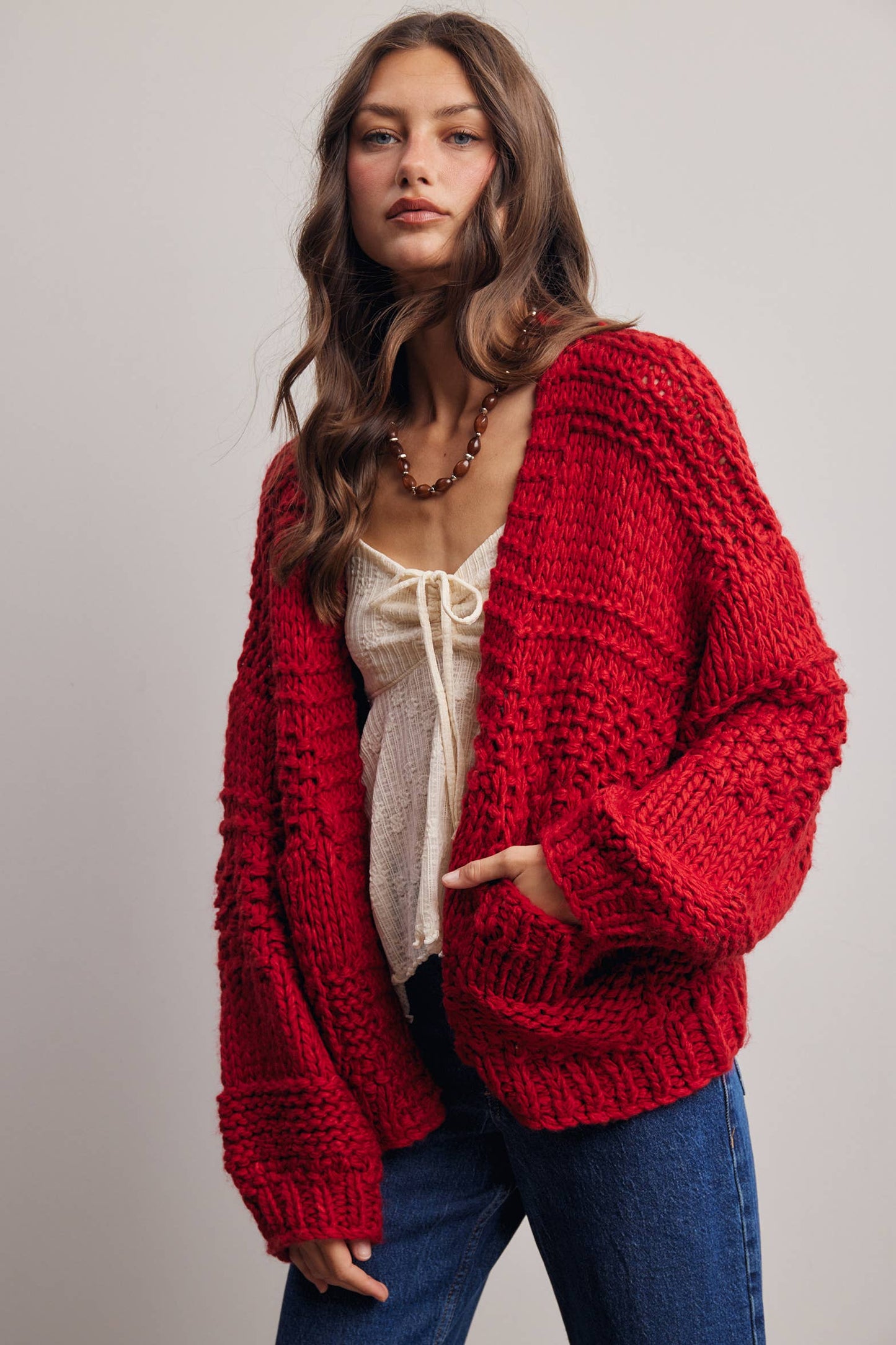 Forte - Handmade Chunky Knit Cardigan:Green Olive