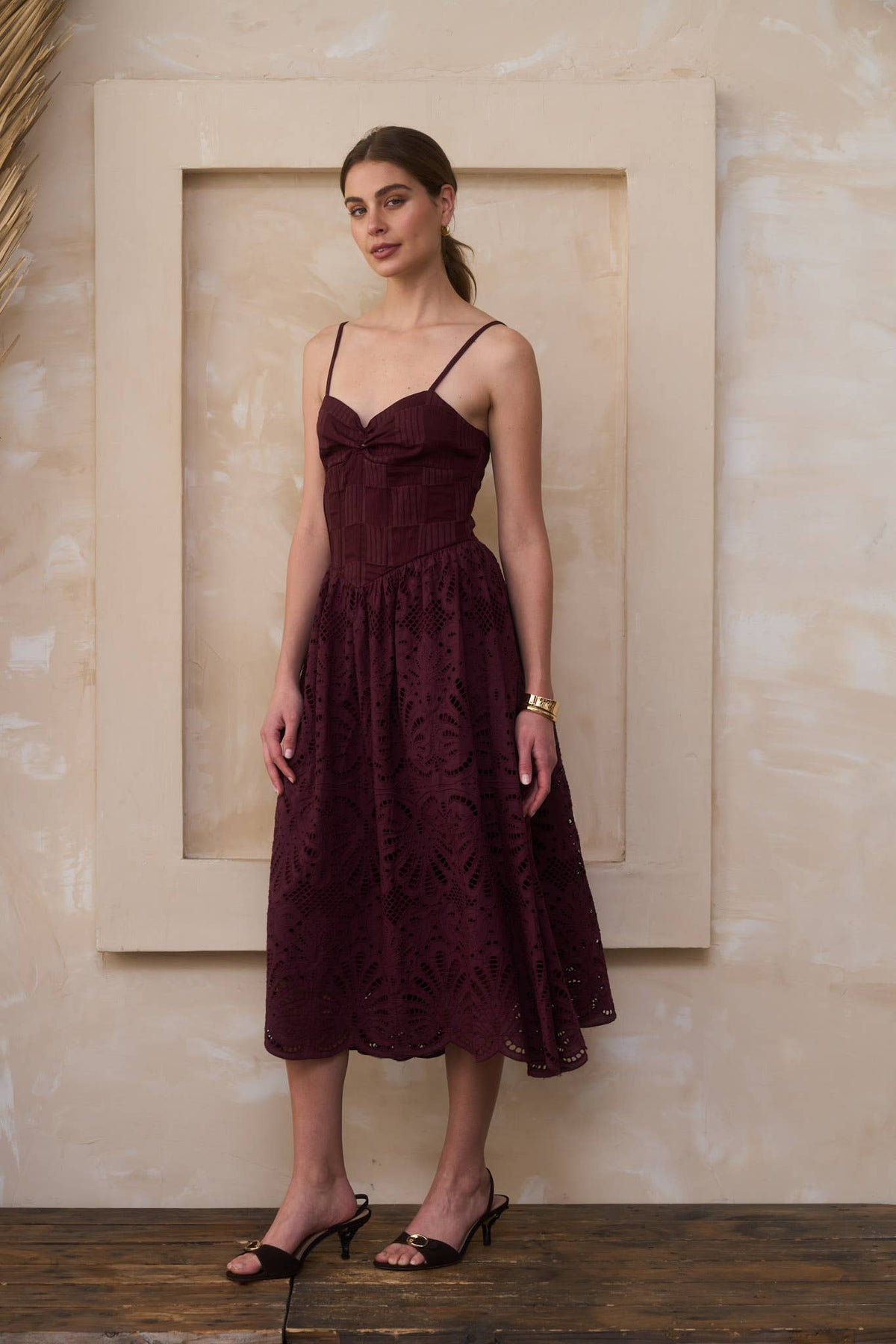 Moon River - SCALLOP LACE SKIRT STRAPLESS  MIDI DRESS: WINE