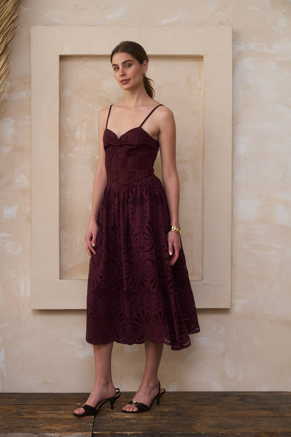 Moon River - SCALLOP LACE SKIRT STRAPLESS  MIDI DRESS: WINE