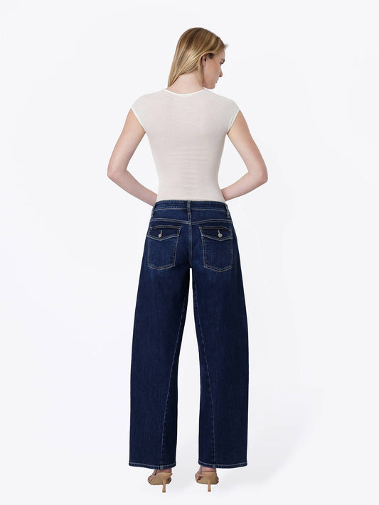 Flying Monkey~High Rise Back Flap Pocket Twist Seam Wide Barrel Jean