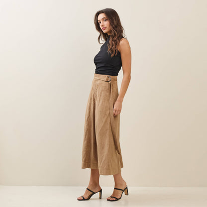 Able - Belted A-line vegan suede skirt: Camel
