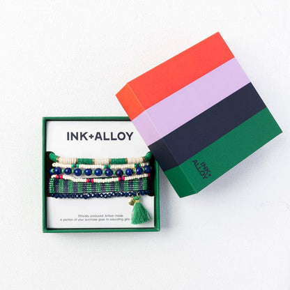 INK + ALLOY - Mixed Bracelet Stack of 6 Navy and Kelly Green