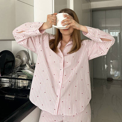 Pink Striped With Hearts Button Down Pajamas Set