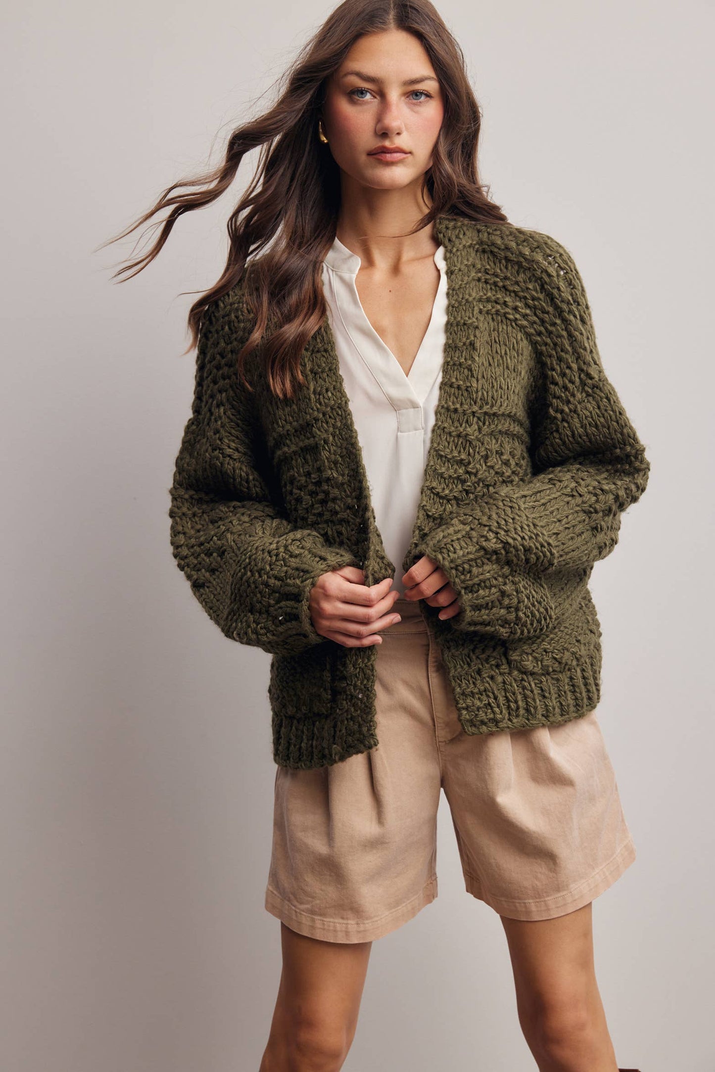 Forte - Handmade Chunky Knit Cardigan:Green Olive