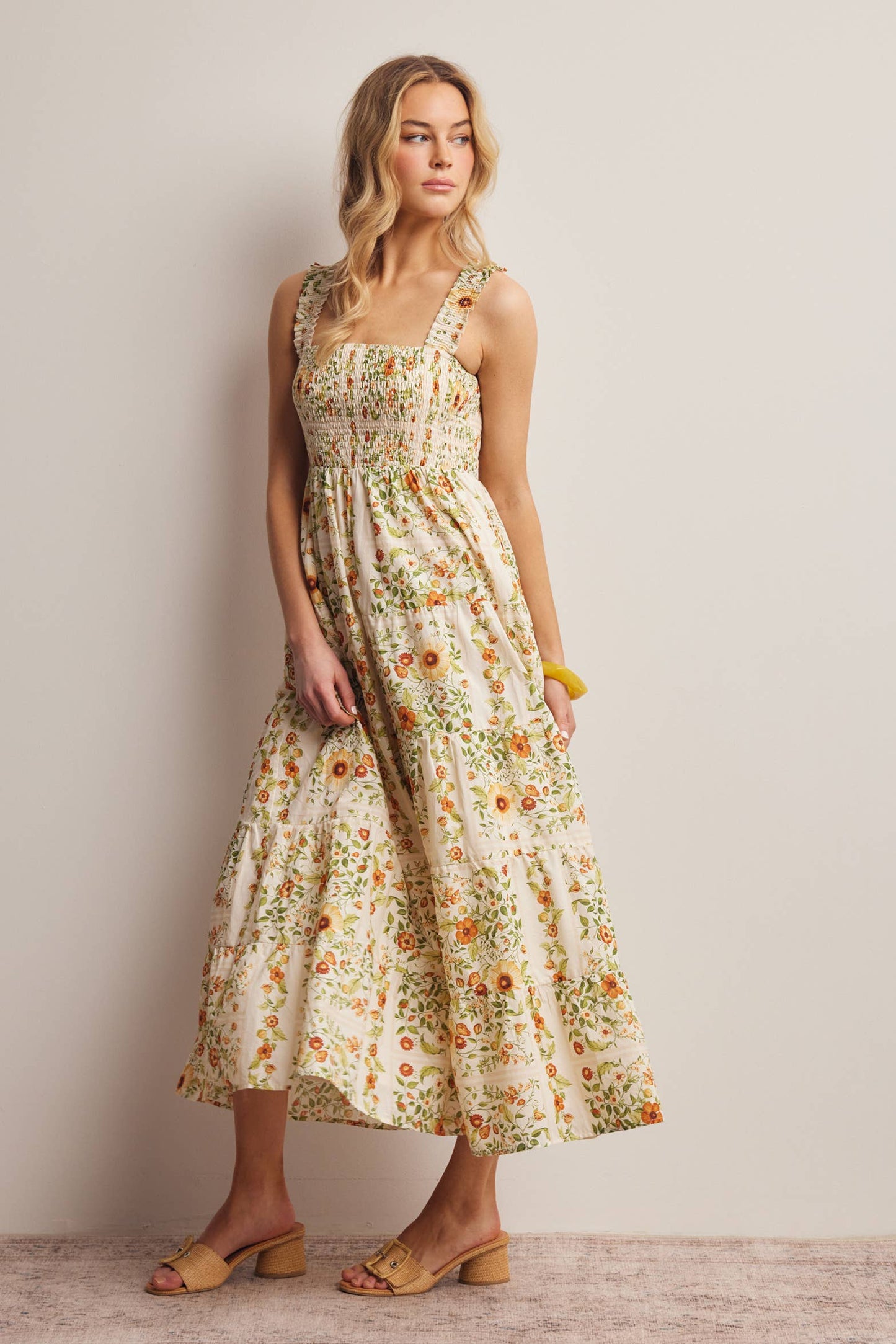 Forte - Floral Smocked Tiered Midi Dress Ecru, Contemporary
