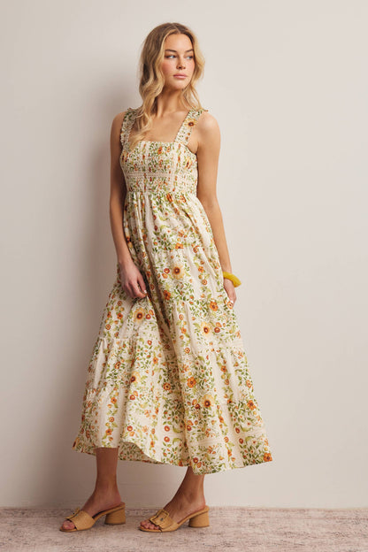 Forte - Floral Smocked Tiered Midi Dress Ecru, Contemporary