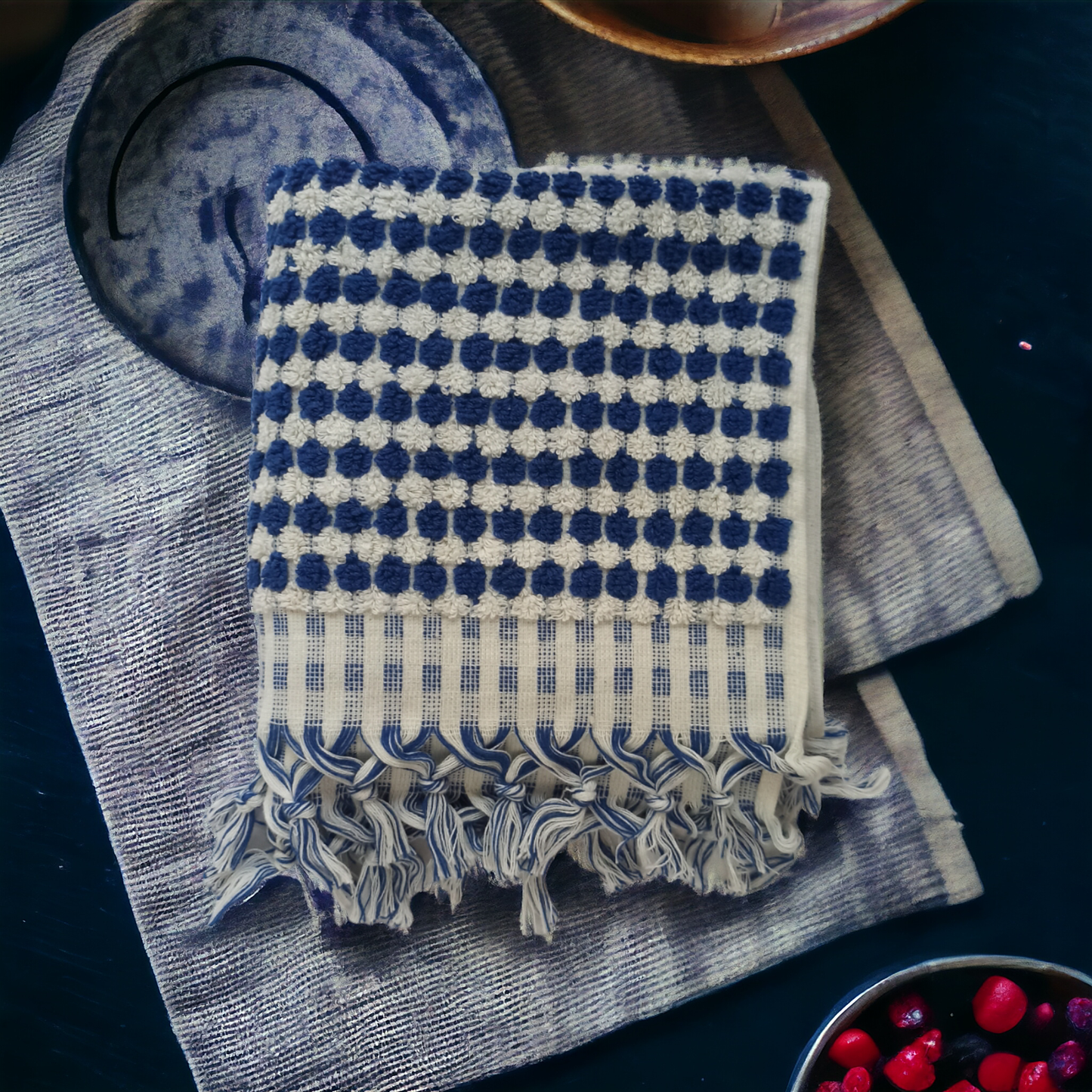 Kikoya - Pompom Turkish Cotton Hand Towel: Blue