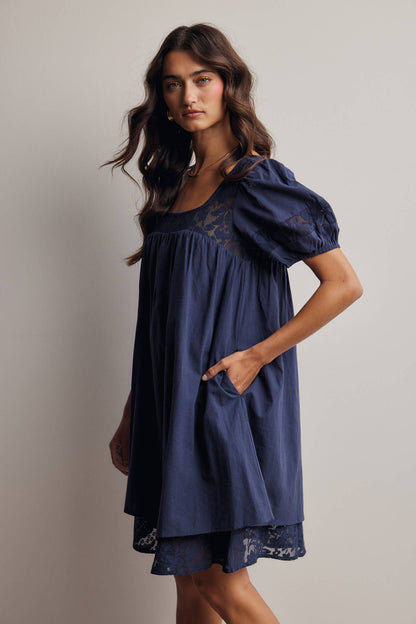 Forte - Lace Yoke Puff Sleeve Mini Dress Ivory