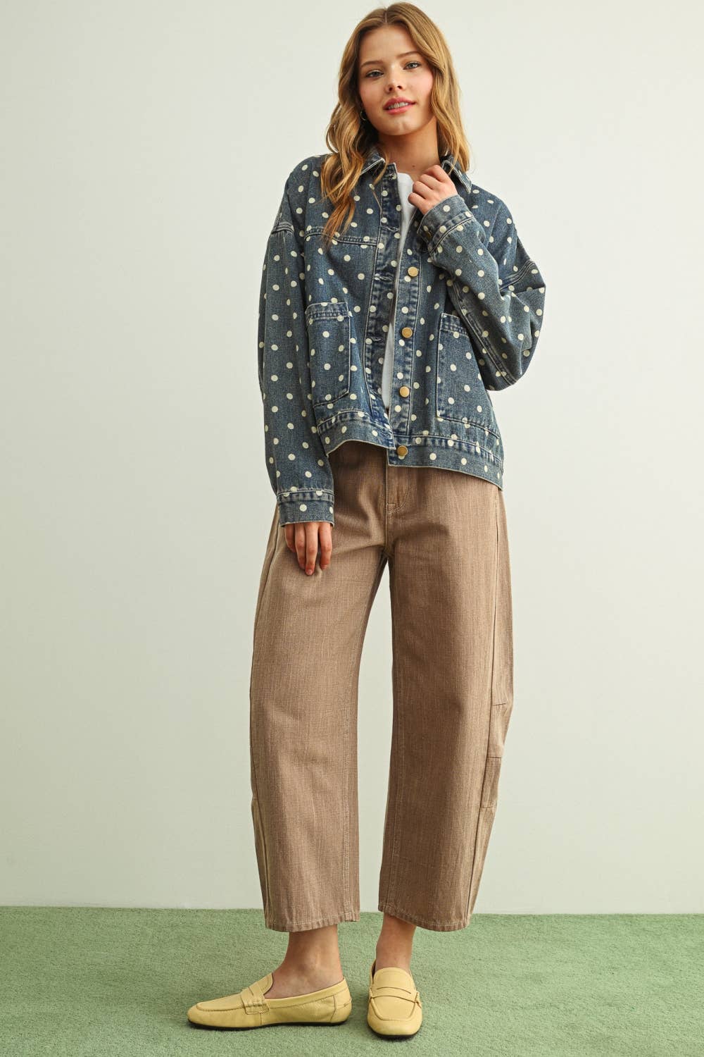 Miou Muse - Polka Dot Button Front Denim Jacket