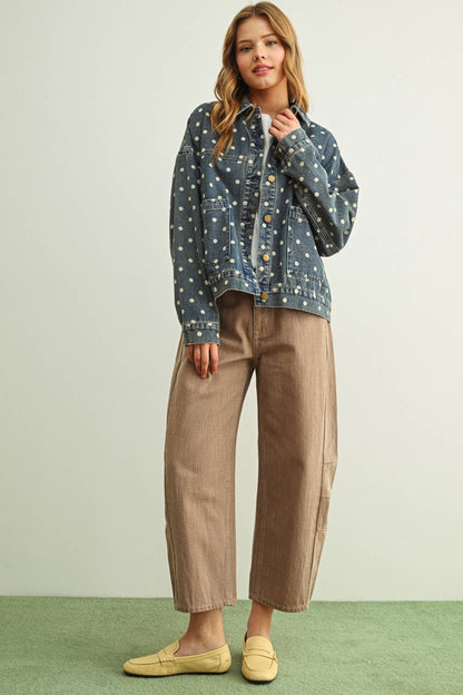 Miou Muse - Polka Dot Button Front Denim Jacket
