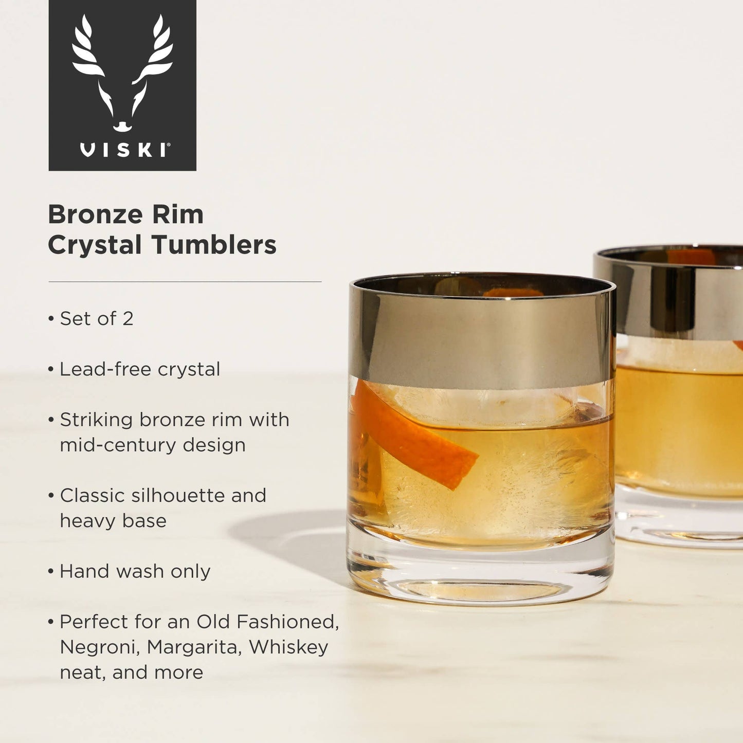 Viski - Irving™ Bronze Rimmed Crystal Lowball Tumblers Set of 2