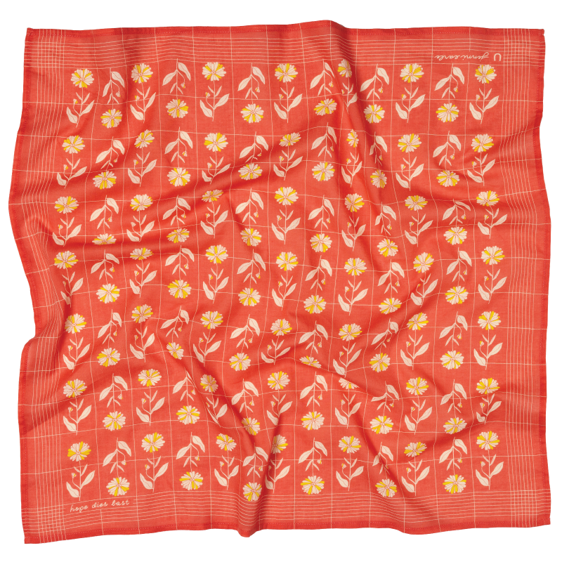 Jenni Earle - Luxury Cotton Voile Bandana –“Hope Dies Last” mantra - poppy