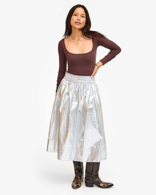 Clare V Zoelle Skirt Coated Cotton Metallic Silver