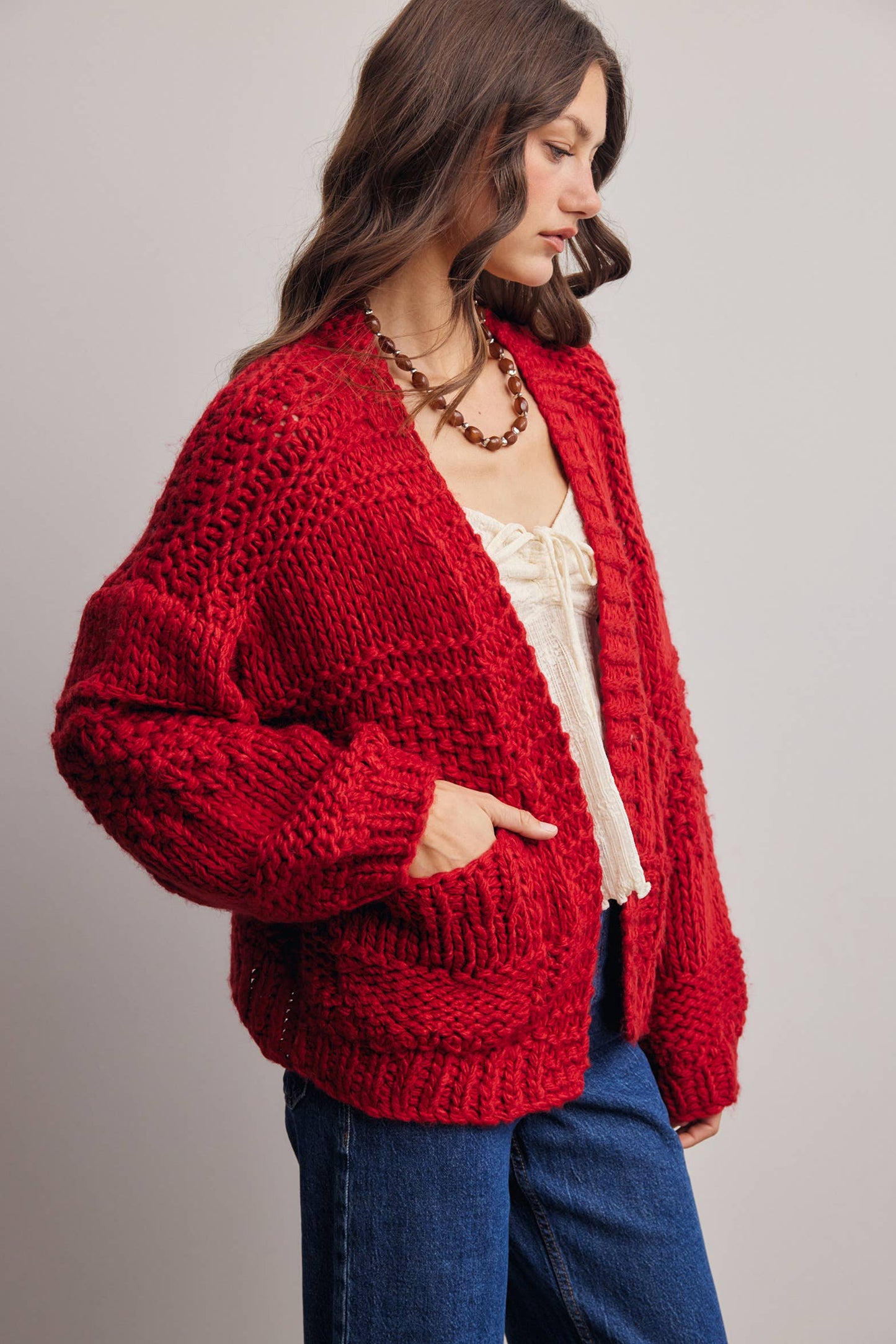 Forte - Handmade Chunky Knit Cardigan:Green Olive