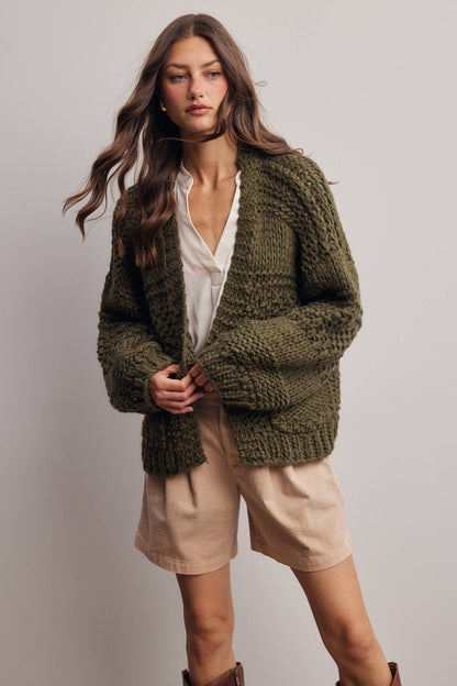 Forte - Handmade Chunky Knit Cardigan:Green Olive
