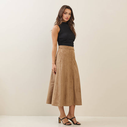 Able - Belted A-line vegan suede skirt: Camel