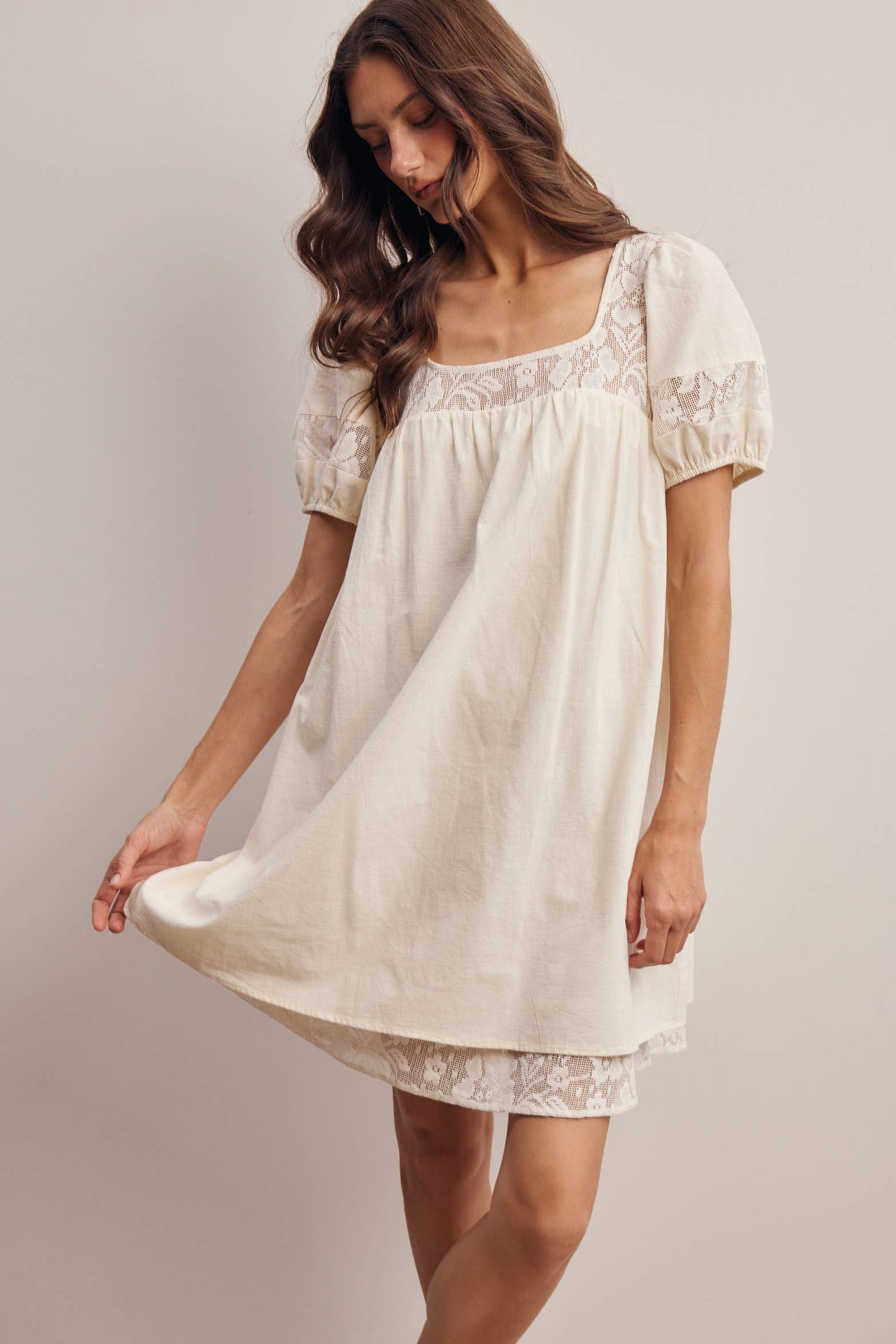 Forte - Lace Yoke Puff Sleeve Mini Dress Ivory