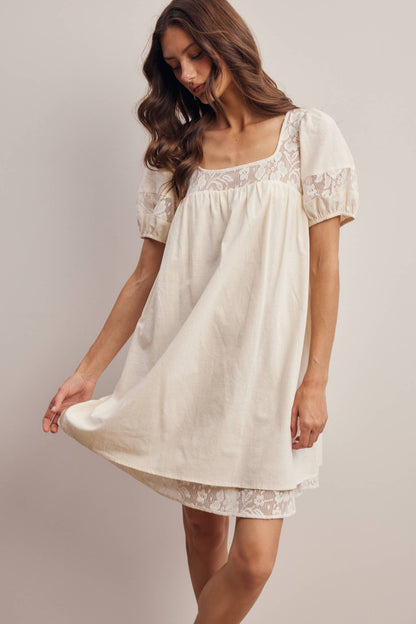 Forte - Lace Yoke Puff Sleeve Mini Dress Ivory