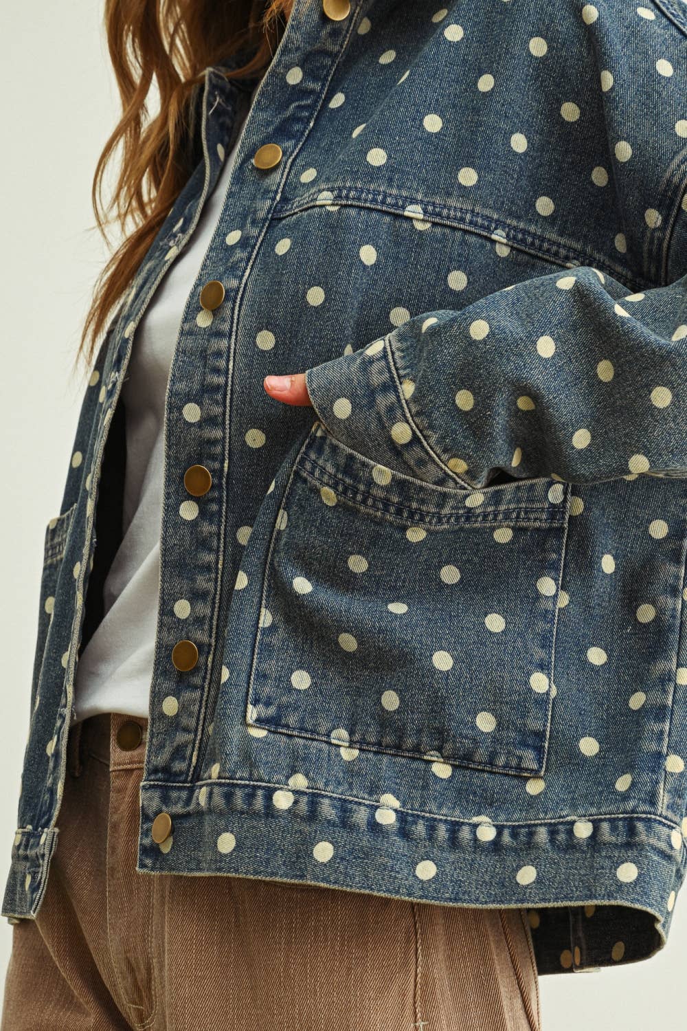 Miou Muse - Polka Dot Button Front Denim Jacket