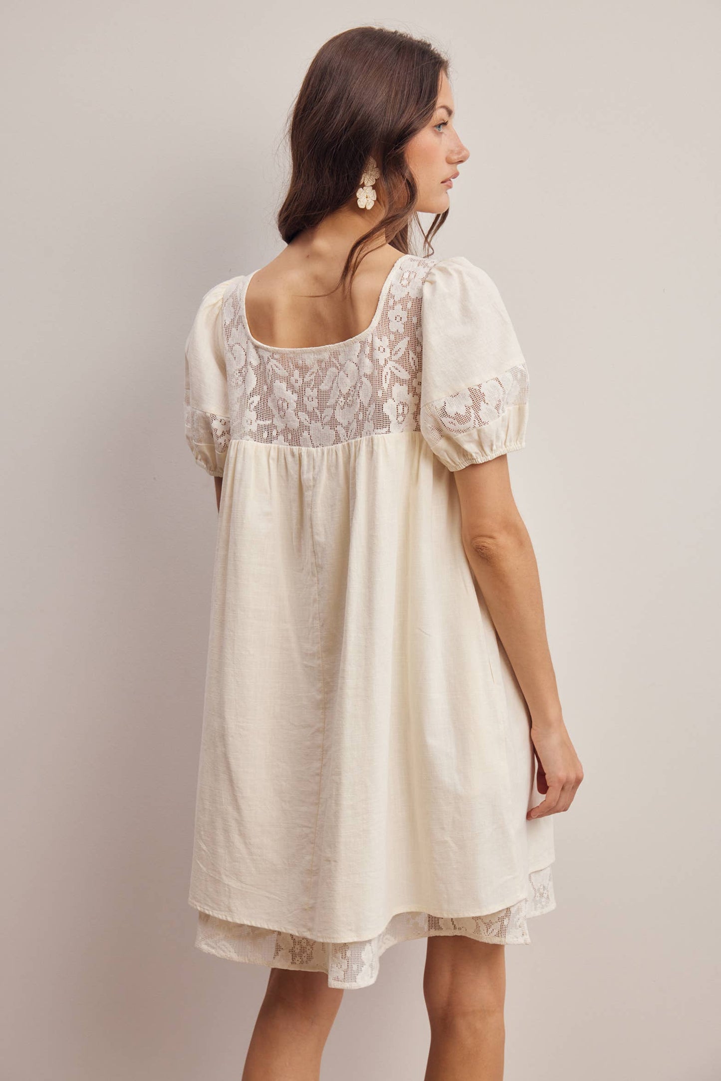 Forte - Lace Yoke Puff Sleeve Mini Dress Ivory