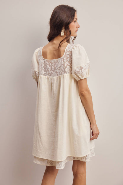 Forte - Lace Yoke Puff Sleeve Mini Dress Ivory