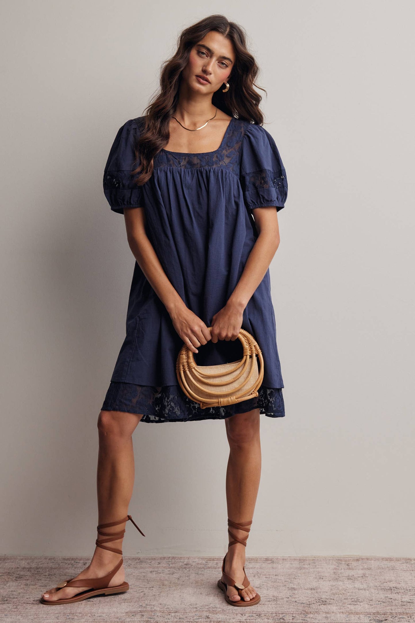 Forte - Lace Yoke Puff Sleeve Mini Dress Ivory