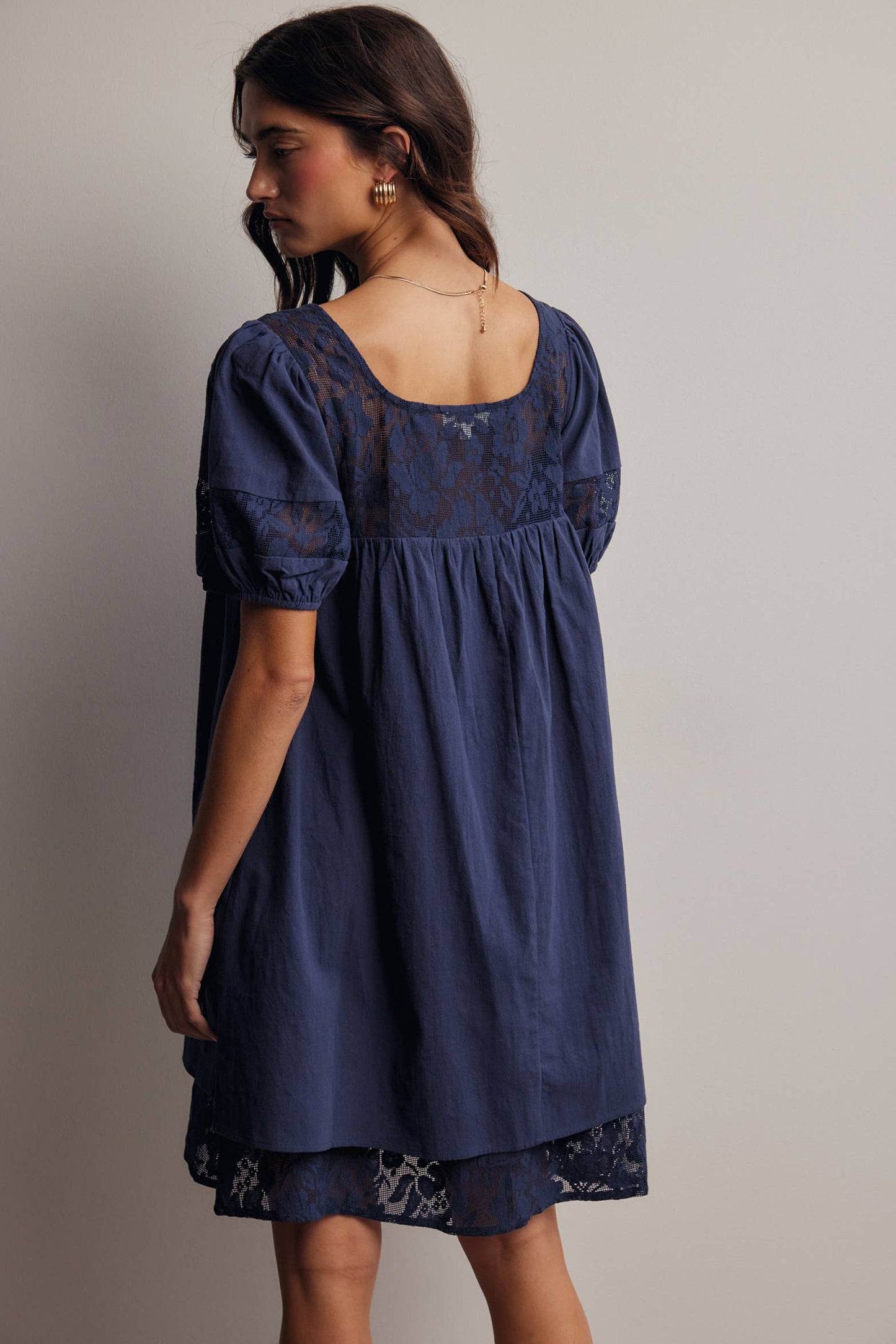 Forte - Lace Yoke Puff Sleeve Mini Dress Ivory