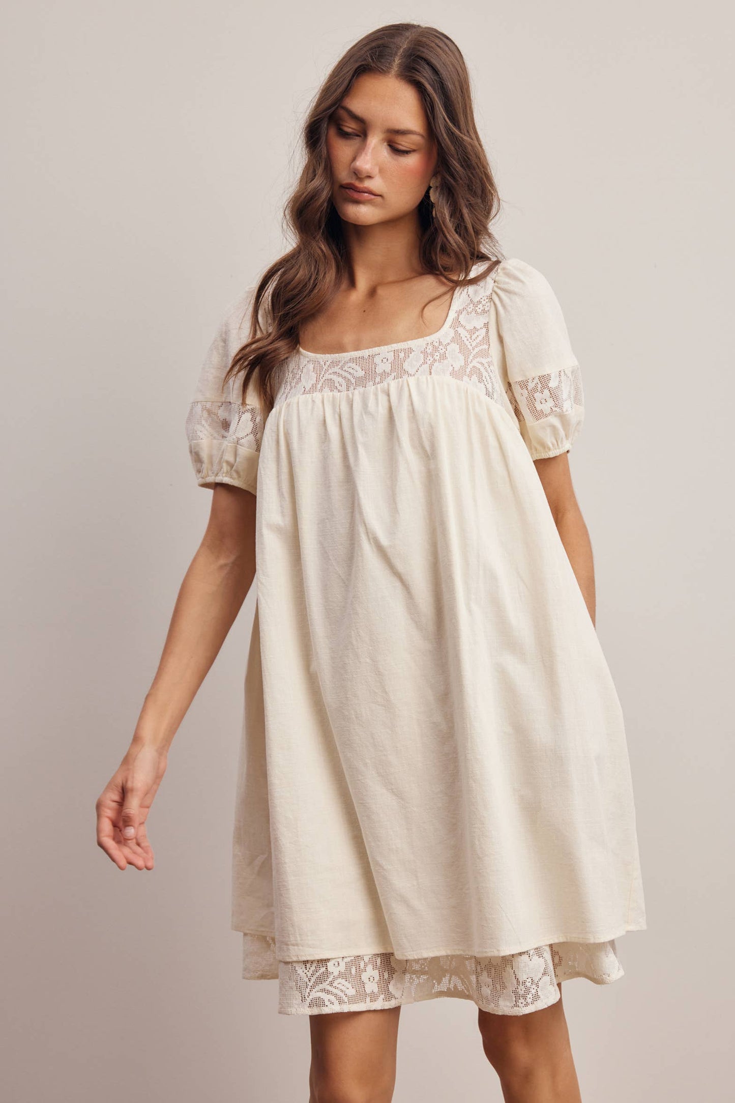 Forte - Lace Yoke Puff Sleeve Mini Dress Ivory