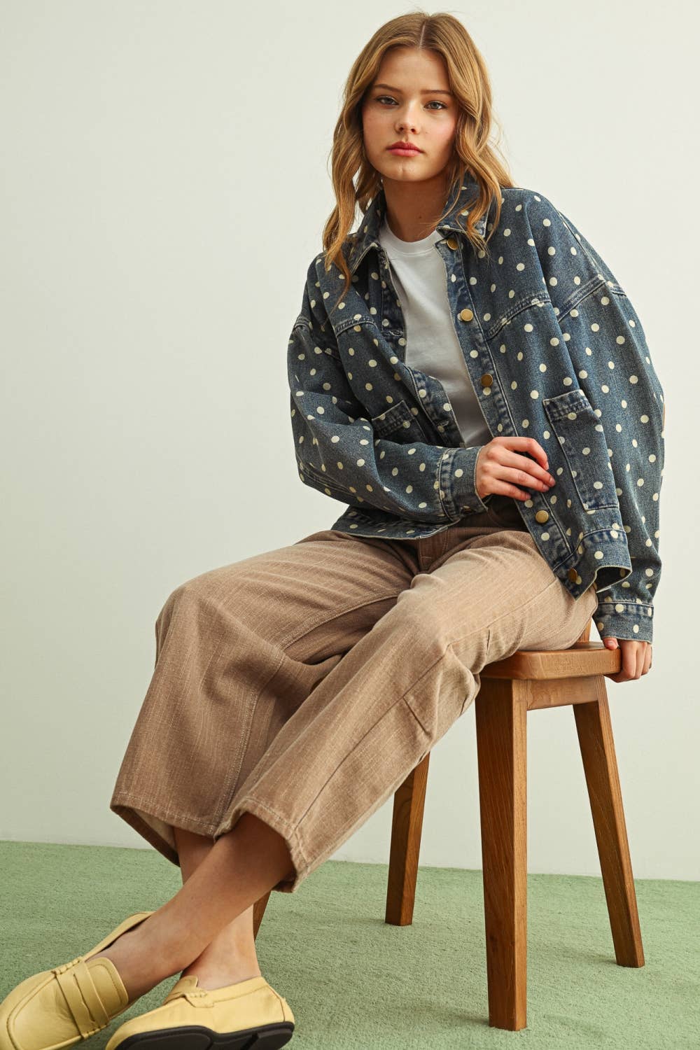 Miou Muse - Polka Dot Button Front Denim Jacket