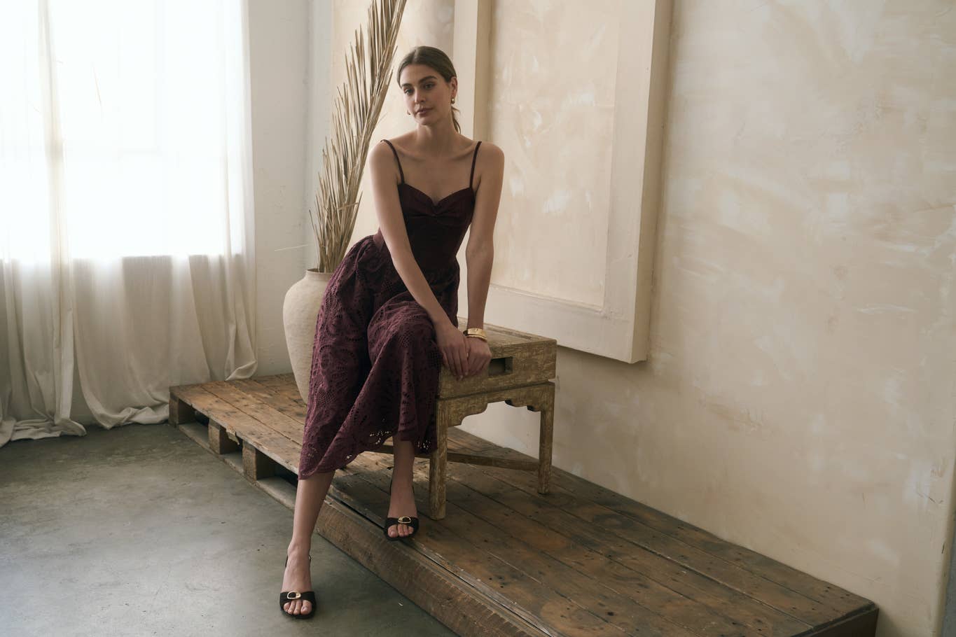 Moon River - SCALLOP LACE SKIRT STRAPLESS  MIDI DRESS: WINE