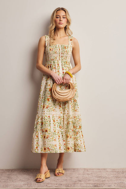Forte - Floral Smocked Tiered Midi Dress Ecru, Contemporary