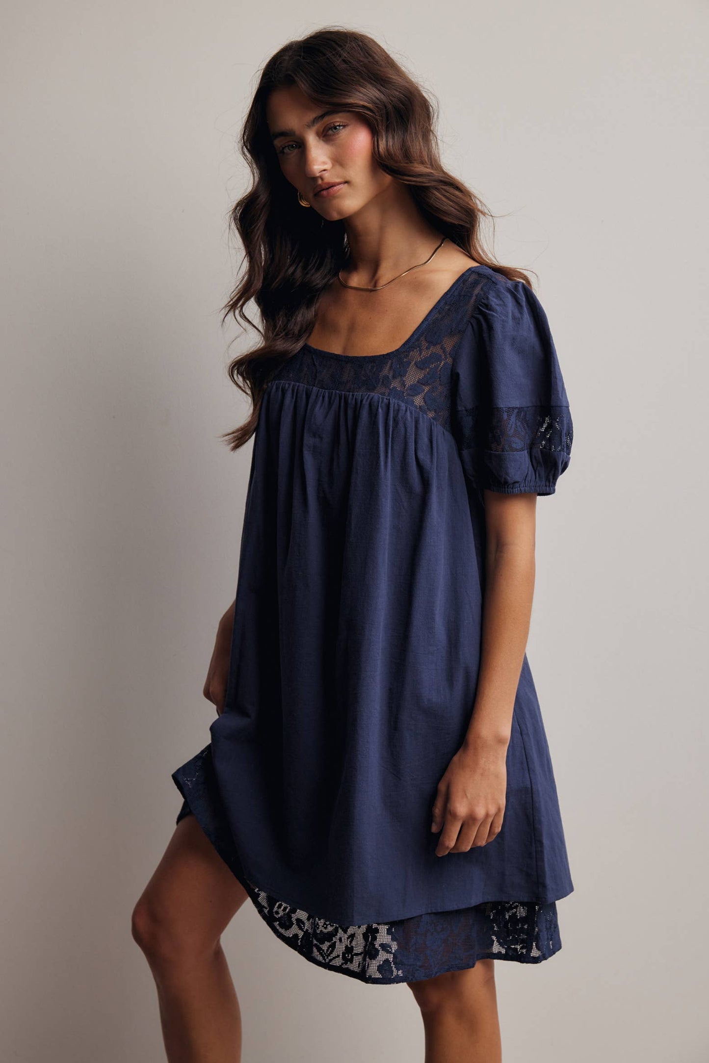 Forte - Lace Yoke Puff Sleeve Mini Dress Ivory