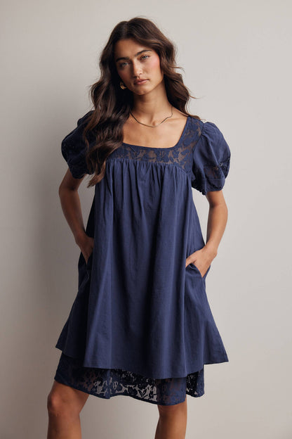 Forte - Lace Yoke Puff Sleeve Mini Dress Ivory