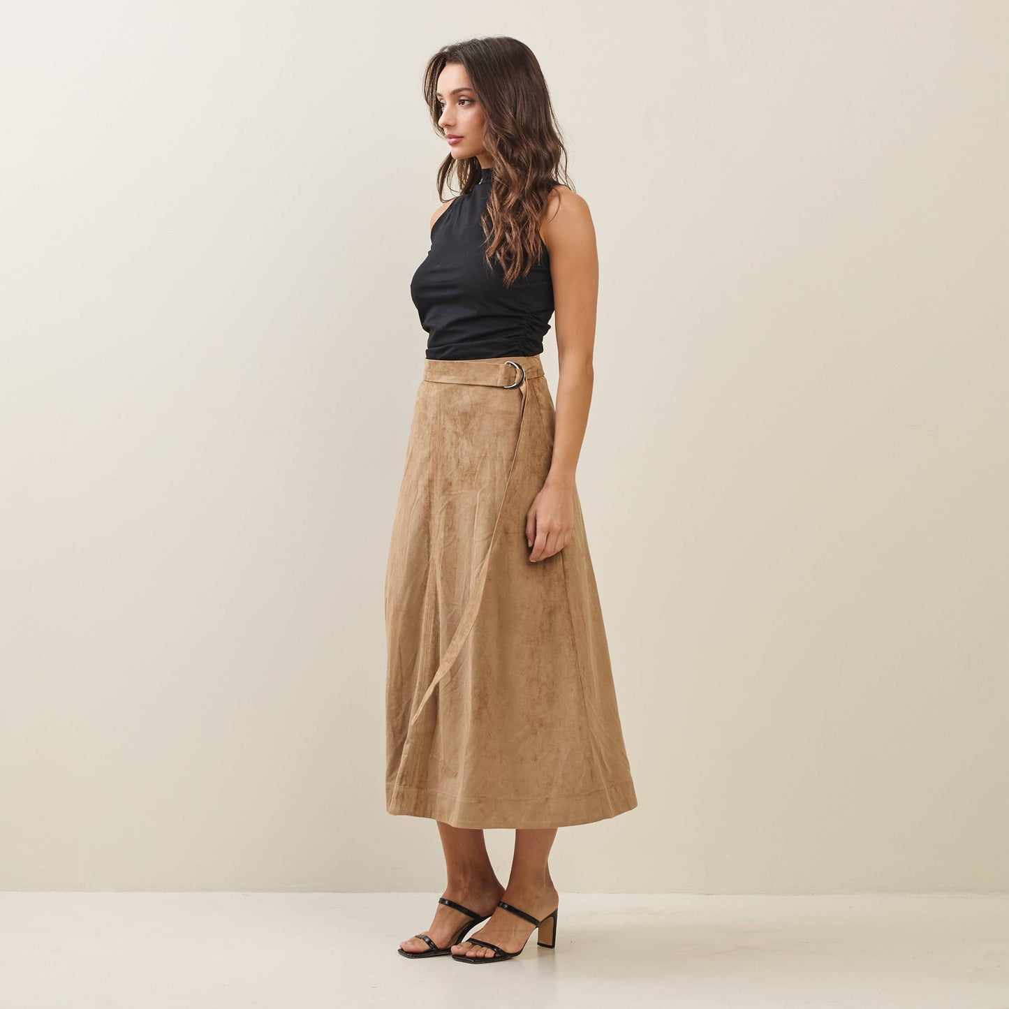 Able - Belted A-line vegan suede skirt: Camel