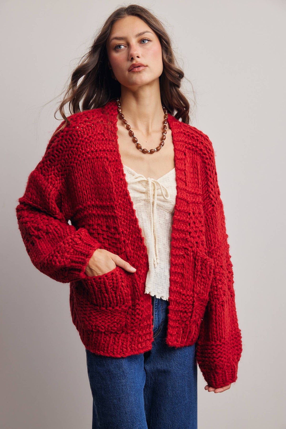 Forte - Handmade Chunky Knit Cardigan:Green Olive
