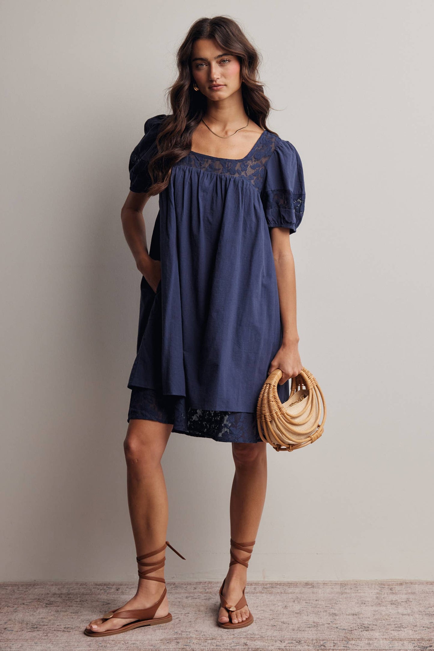 Forte - Lace Yoke Puff Sleeve Mini Dress Ivory
