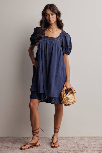 Forte - Lace Yoke Puff Sleeve Mini Dress Ivory