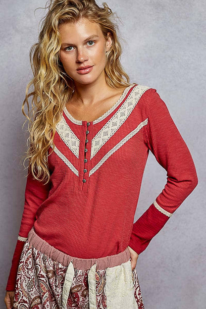 Long sleeve double gauze solid knit rib top: RASPBERRY ROSE