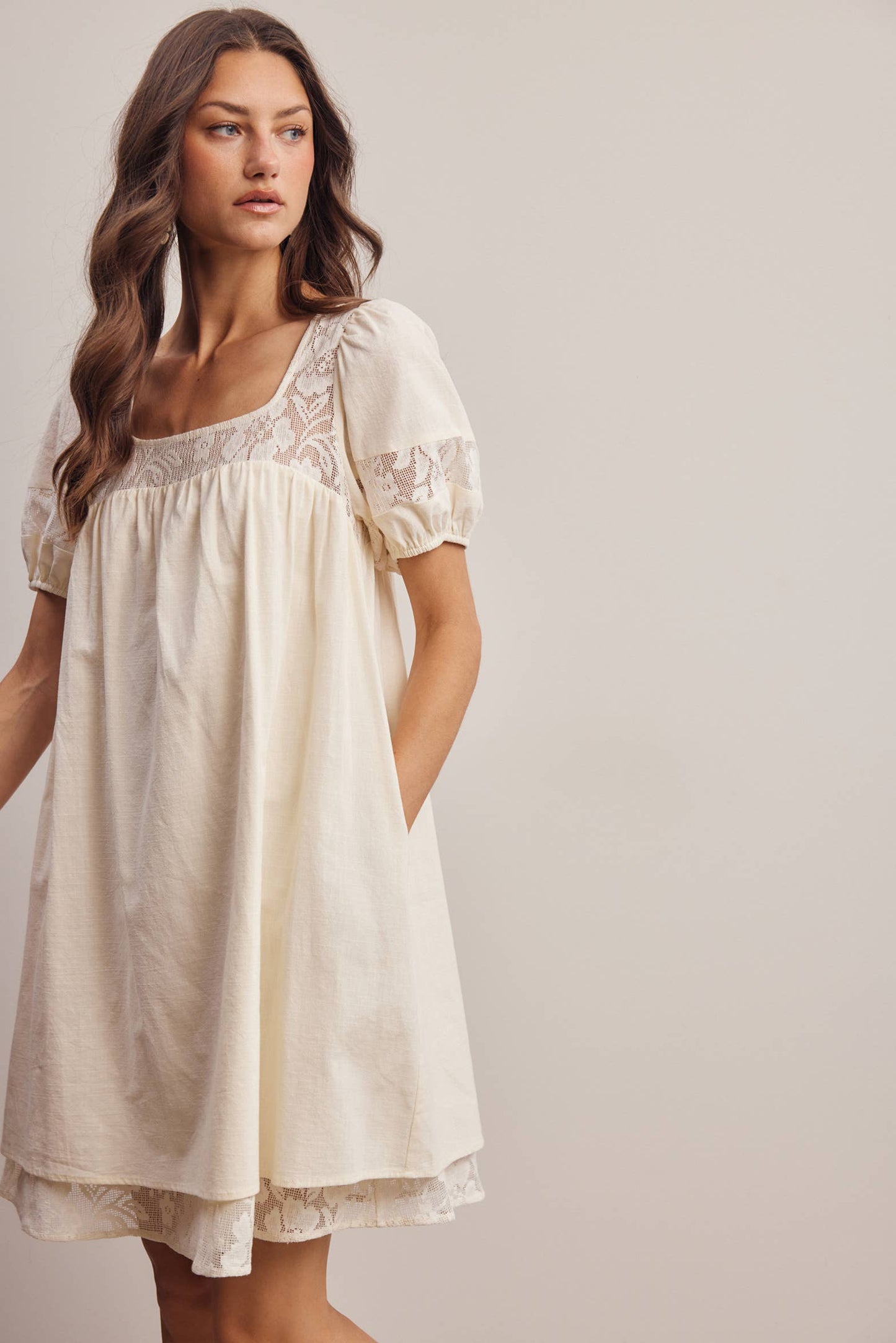 Forte - Lace Yoke Puff Sleeve Mini Dress Ivory
